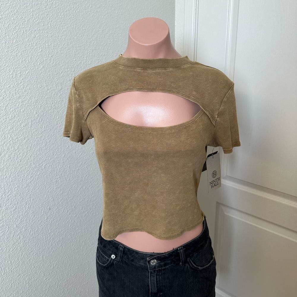 NWT Ninth Hall Fundaments Stylish Tan Cut-Out Ribbed Crop Top Sz L